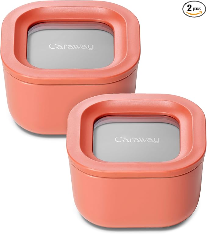 Caraway 2pc Glass Food Storage Set - 1.75 Cup Food Containers (2) - Non-Toxic Ceramic-Coated Glass - Air Release Technology - Compact & Stackable Design - Perracotta