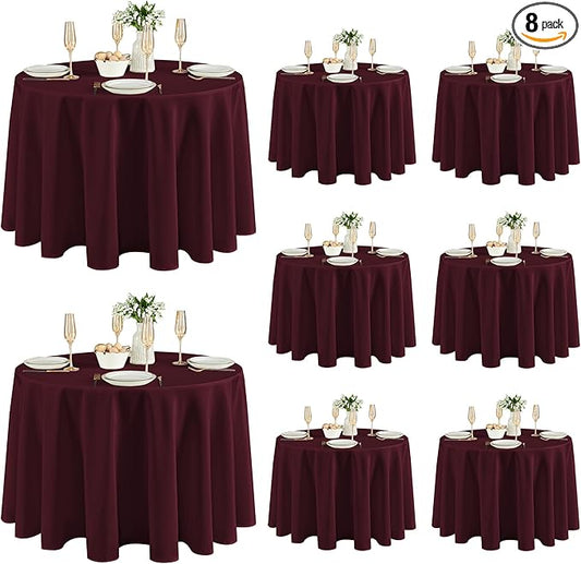 Fitable 8 Pack Round Tablecloths: Stain Resistant Wrinkle Free Circle Table Clothes, Washable Reusable Polyester Table Covers for Wedding Party Birthday Banquet Reception(Burgundy, 120 Inch)