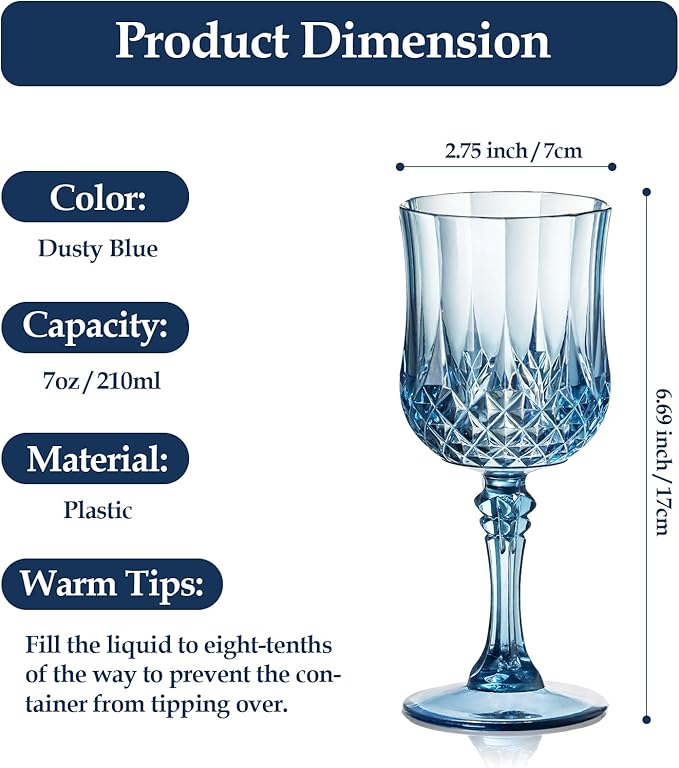 XUWAIDSGN 24 Pcs 7oz Plastic Vintage Wine Glasses Drinking Glasses Unbreakable Wedding Glassware Crystal Water Goblets Reusable Drinkware Vintage Champagne Flutes (24, Blue)