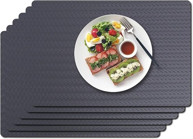 Vinyl Placemats Set of 6-12×17.7 Inch Waterproof & Heattable Placemats, Fall Faux Leather Wipeable Outdoor Table Mat for Dining, Kitchen, Indoor Outdoor Use (Dark Grey, Cable Pattern)