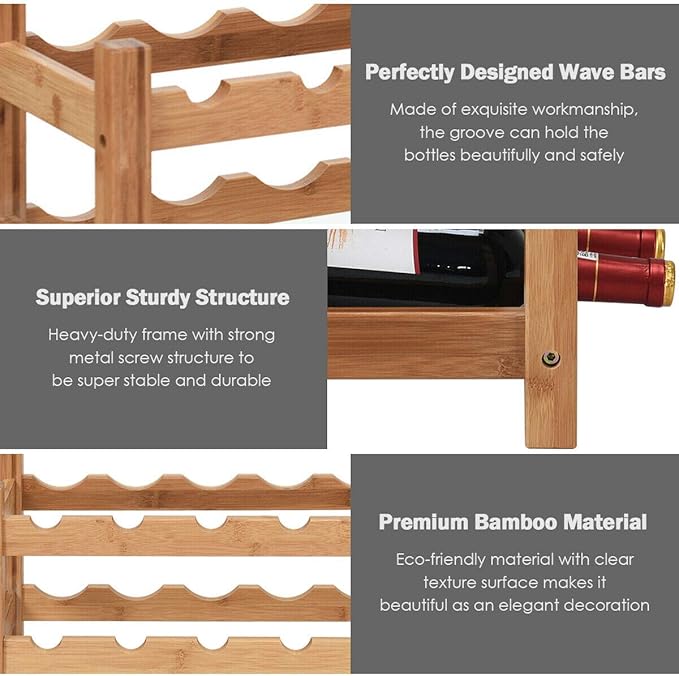 COSTWAY Wine Rack, Bamboo 12 Bottles 2-Tier Wine Display Rack for Countertop Home Kitchen Pantry, Free Standing Wine Storage, Rack Tabletop Wine Rack (Nature)