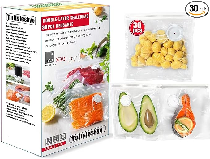 Vacuum sealer bags for food,reusable double zipper vacuum bag with air valve,suitable for sous vide cooking and microwave heating,dishwasher and freezer safe (8.3 * 8.7inch) 30pcs.