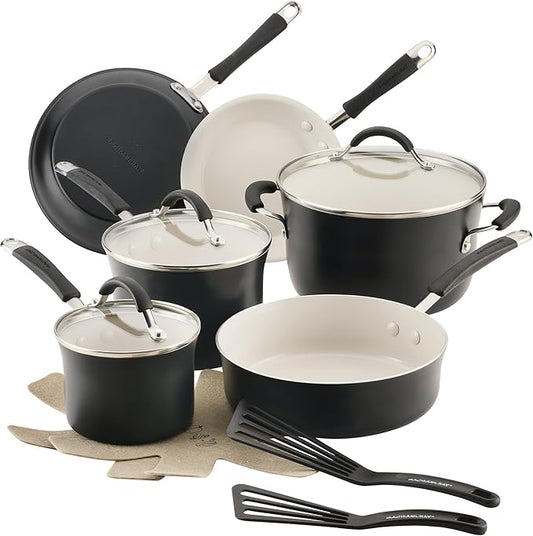Rachael Ray Cucina Ceramic Cookware Set - 13 Pieces - Ceramic Pots and Pans Set w/Nonstick Frying Pans, Saute Pan, Saucepans, Stockpot, Lids, Pan Protectors & Cooking Utensils - Peppercorn