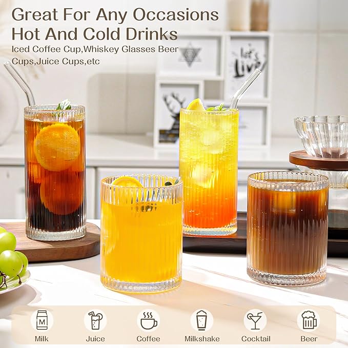 Set of 8 Vintage Ribbed Glassware,4 Highball Glasses 12 oz,4 Rocks Drinking Glasses 14 oz,Ribbed Cocktail Glass Cup,Used for Whiskey,Ice Coffee Cup,Juice,Smoothies,Mixed Drinkware