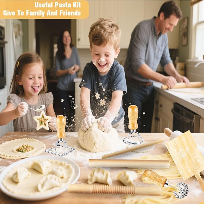 7 pcs Wood Gnocchi Pasta Making Tools Kit with Threaded Pasta Roller Pin Set,Gnocchi Board,Ravioli Stamps and Pasta Cutter.Noodle and Dumplings Maker, For Pasta Maker And Kitchen DIY Gift