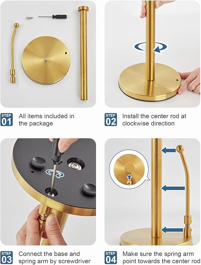 SMARTAKE Paper Towel Holder, Paper Towel Dispenser Standing Weighted Base Non Slip, Spring Arm Fit Most Size Paper Roll, Stainless Steel Kitchen Roll Stand for Home Kitchen Countertop Tabletop, Gold