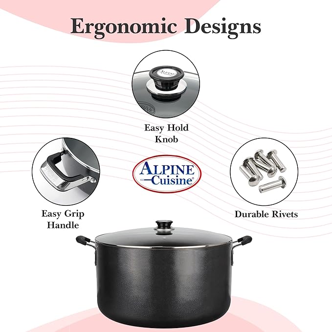 Alpine Cuisine 35 Quart Non-stick Stock Pot with Tempered Glass Lid and Carrying Handles, Multi-Purpose Cookware Aluminum Dutch Oven for Braising, Boiling, Stewing