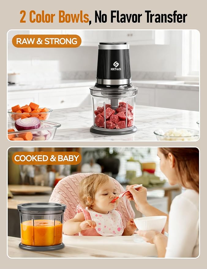 Food Processor, Electric Food Chopper with 2 Bowls (2 × 4 Cup) & 2 Dual-Layer S-Blade Sets, Meat Grinder & Vegetable Chopper for Meat, Onions, Garlic, Nuts, Salad & Baby Food
