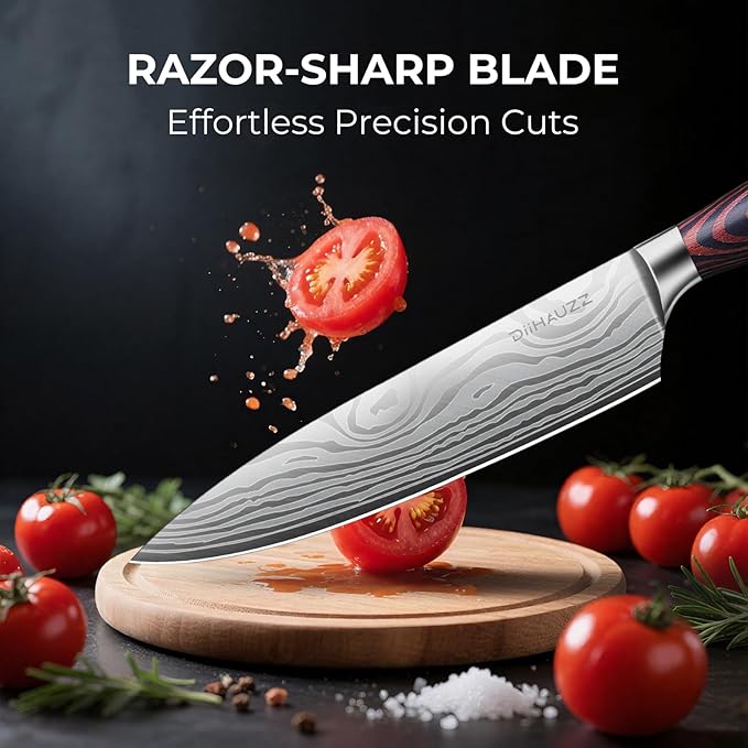 Chef Knife, 8 Inch Kitchen Knife, Ultra Sharp High Carbon Stainless Steel for Professional and Home Chefs with Ergonomic Handle, Roll Forged Utility Knife with Sheath and Gift Box