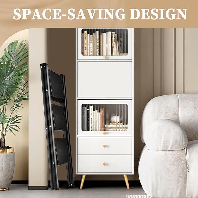 HBTower Step Ladder, Folding Step Stool, Portable Sturdy Steel Ladder Stool for Adults with Anti-Slip Wide Pedals Home Outdoor Kitchen, Black