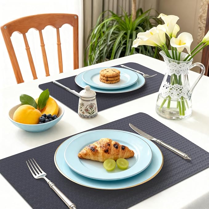 Vinyl Placemats Set of 6-12×17.7 Inch Waterproof & Heattable Placemats, Fall Faux Leather Wipeable Outdoor Table Mat for Dining, Kitchen, Indoor Outdoor Use (Dark Grey, Cable Pattern)