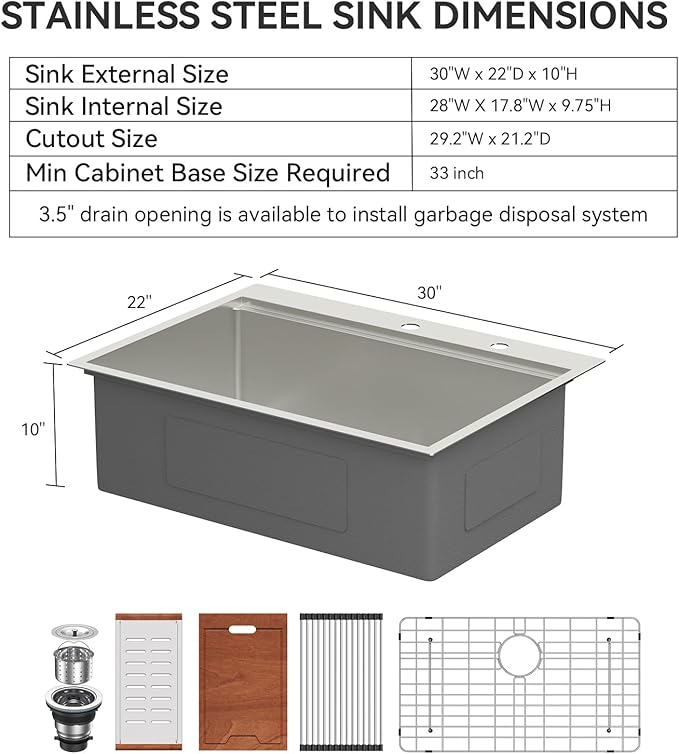 LORDEAR 30x22 Inch Drop In Kitchen Sink Stainless Steel Workstation Kitchen Sinks 16 Gauge Single Bowl Sink with Ledges 30 inch Topmount Kitchen Sinks Round Corners