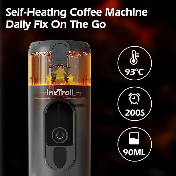InkTrail Portable Electric Espresso Machine,Travel Coffee Maker for Camping, Self-Heating with Rechargeable Battery, Compatible with Ground Coffee & NS Original Capsule for Car, RV, Hiking, Office