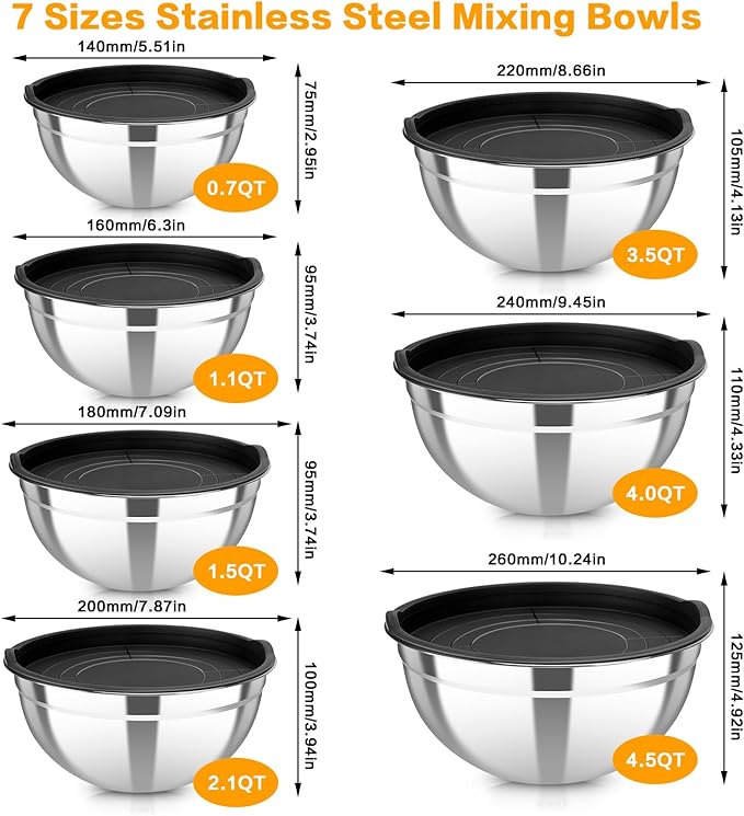 7 Piece Stainless Steel Mixing Bowls with Lids Set, Metal Mixing Bowls Nesting Design Salad Bowl for Kitchen Cooking, Baking, Prepping and Serving Food (Size 0.7, 1.1, 1.5, 2.1, 3.5, 4, 4.5QT)