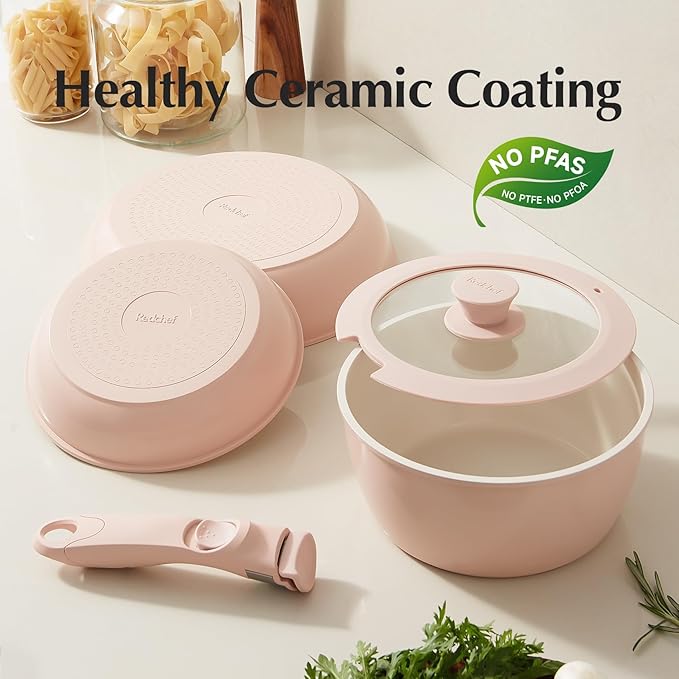Redchef Ceramic Cookware Set, Removable Handle Pots and Pans Non-Stick, Rv Cookware Set, Non-Toxic Pots and Pans Set No PFAS, PTFE, PFOA, Detachable Pots and Pans, Dishwasher & Oven Safe (Pink)