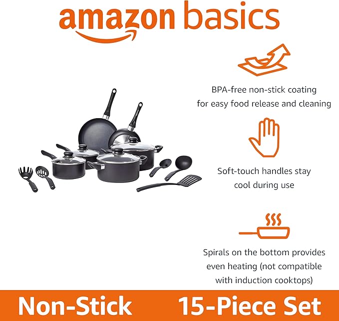 Amazon Basics Non Stick Kitchen Cookware 15-Piece Set, Non-Induction, Includes Pots, Pans, and Utensils, Black