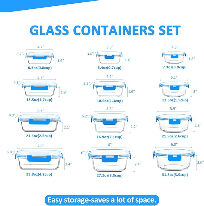 24 Pieces Glass Food Storage Containers Set,Glass Meal Prep Containers-Stackable Airtight Glass Storage Containers with lids,Freezer, Microwave, Oven Safe,Blue