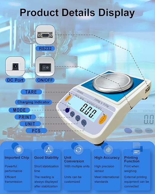 Precision Lab Scale 1200gx0.01 Gram Resolution, 10mg LCD Lab Analytical Scale/Kitchen Scale/Medicine Scale/Industrial Scale/Gold Scales（Support Printing）
