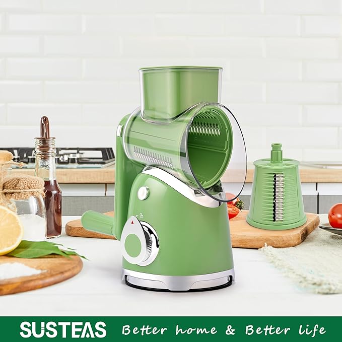 SUSTEAS Rotary Cheese Grater with Handle,Vegetable Slicer with 6 Interchangeable Blades, Reinforced Suction,Easy to Clean,Kitchen Chopper for Crushed Ice,Fruits and Nuts with Blade Storage Case,Green