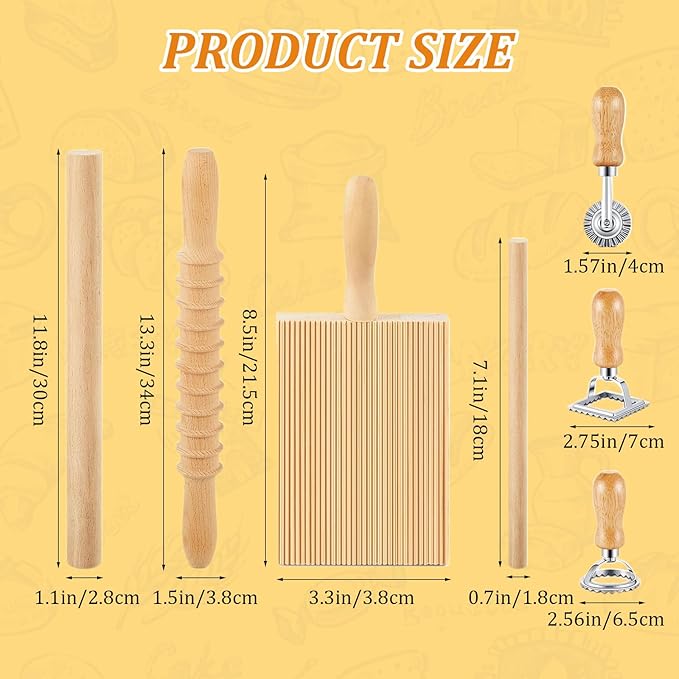 7 Pcs Wooden Pasta Maker Set, Gnocchi Board, Ravioli Stamp, Rolling Pin Kit with Pasta Cutter Wheel Tools for Homemade Gnocchi, Ravioli, Lasagna, Pierogi