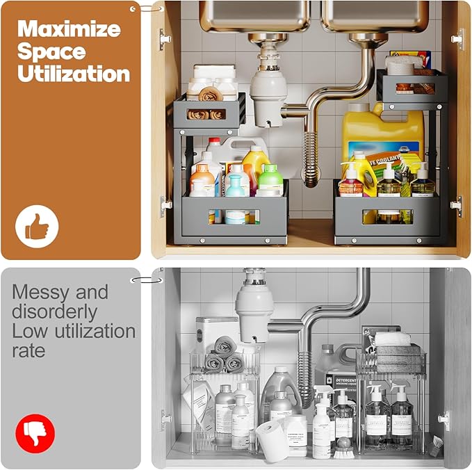 2-Pack Under Sink Organizers and Storage,2-Tier L Shape Pull Out Cabinet Organizer With Round Tube Slide Rails,Hight Adjustable Slide Out Drawers for Kitchen&Bathroom,Multi-Purpose Storage Shelf-Gray