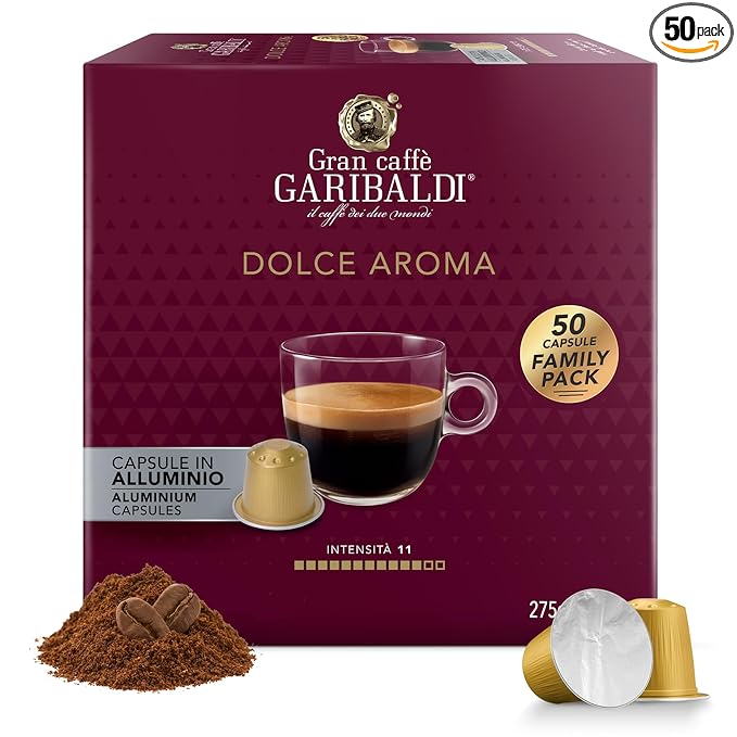 Gran Caffè Garibaldi Espresso Pods, Italian Roasted Coffee, Compatible Nespresso Original Line Machines, Nitrogen Flushed, Full-Bodied Crema, Almond & Dried Fruit - Dolce Aroma 50 Aluminum Cups