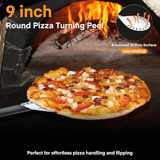 Yofuly 9 Inch Pizza Turning Peel with Oven Brush & Stone Scraper, Perforated Turner Tools Kit for Homemade Baking Pizza, 2PCS Outdoor Pizza Oven Accessories