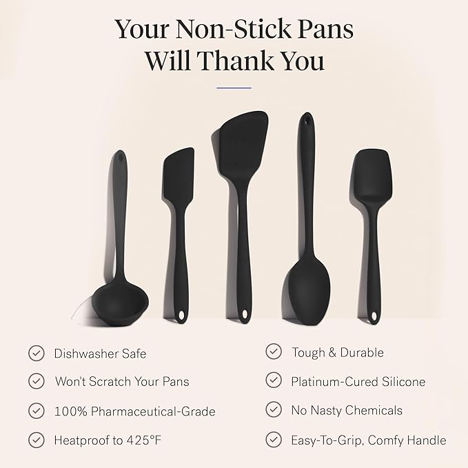 GIR: Get It Right 5-Piece Silicone Ultimate Kitchen Utensils Set - Ladle, Spatula, Flip, Spoon & Spoonula - Non-Toxic Cooking Utensils for Nonstick Cookware, Cooking and Baking - Black