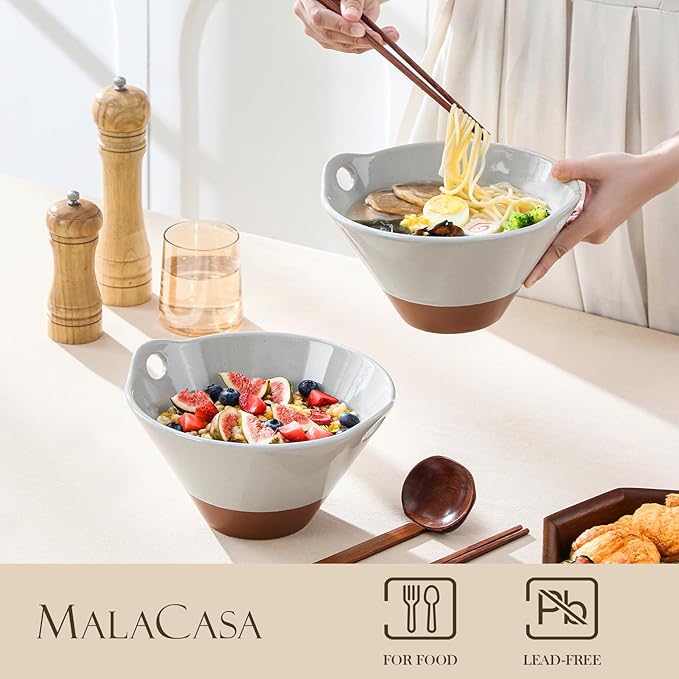 MALACASA 42 oz Ceramic Ramen Bowl Set with Wooden Spoon & Chopsticks, Japanese Style Soup Bowls for Ramen, Pho, Noodles – Set of 2, Microwave & Dishwasher Safe, Series TARA (Gray and Khaki)