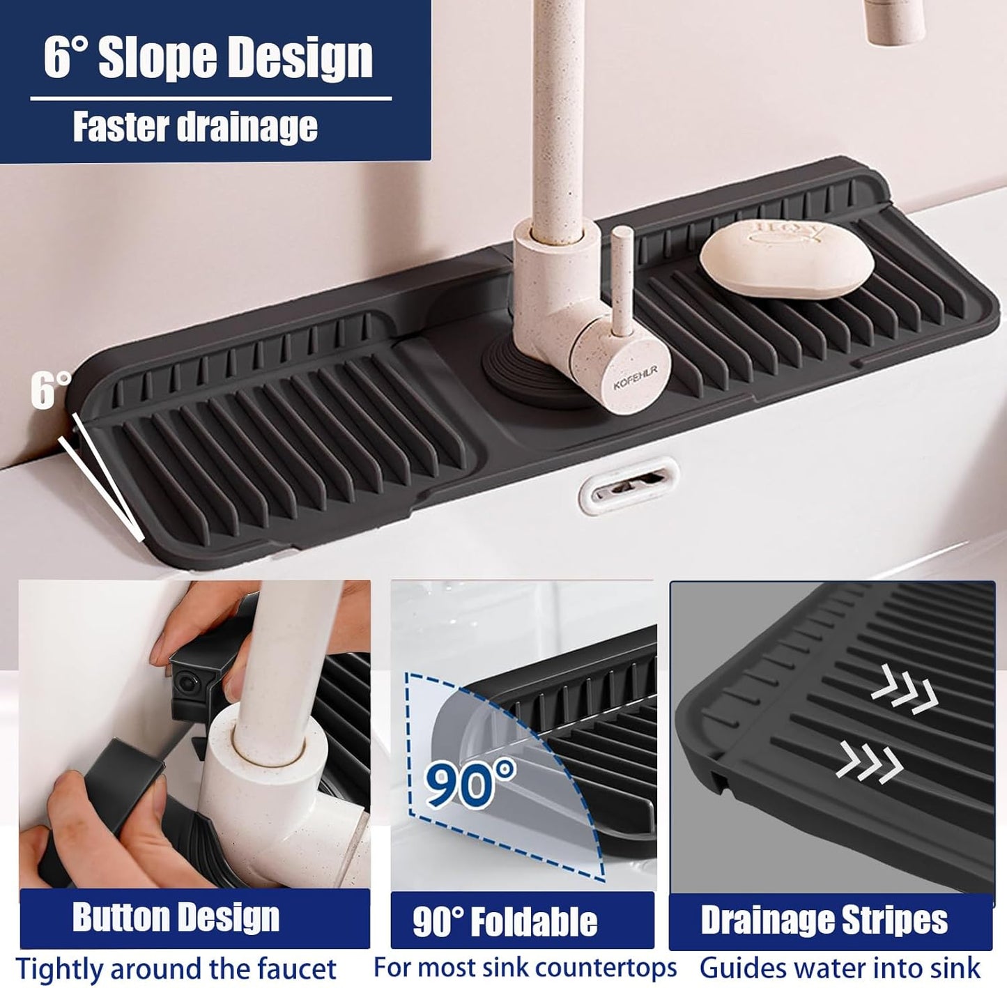 17.7" Silicone Faucet Mat for Kitchen Sink,Folding Sink Splash Guard Behind Faucet,Fasten Button & 6° Slope Design Faucet Drain Mat for Kitchen and Bathroom,Faucet Draining Mat(Black）