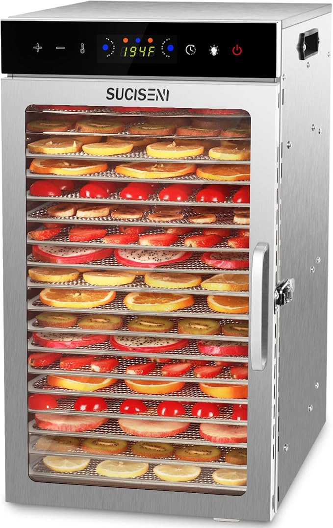 SUCISENI Food Dehydrator Machine 1000W 18 Trays Stainless Steel Commercial Food Dehydrated Dryer with 24H Timer Touch-Control LED Display, Compact Size for Home Jerky Herbs Meat Beef Fruit Vegetables
