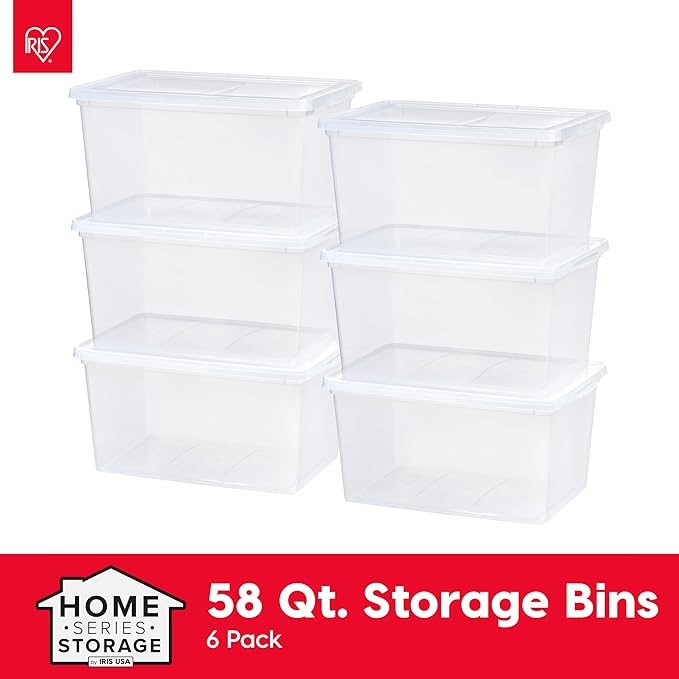IRIS USA 6-Pack Storage Bins with Lids, 58 Quart, Clear Stackable Containers Box Organize Shoes Closet Shelves Clothes Blankets Towels - BPA-Free Plastic