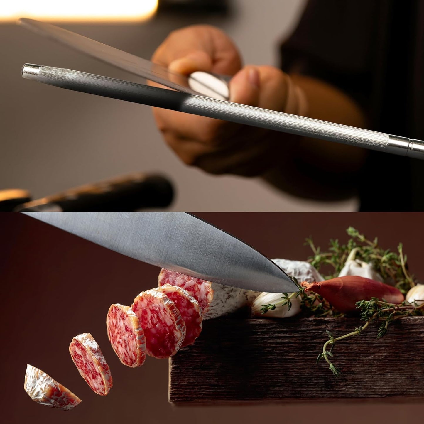 Knife Sharpener Rod, Kitchen Knives Sharpener Carbon Steel Professional Knife Sharpening Steel, Honing Rod with Hanging Holes (13 inches)