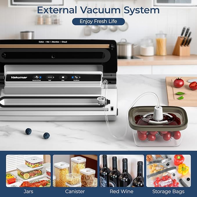 Upgraded Vacuum Sealer Machine for Food, 8 in 1 Food Sealer Vacuum Sealer with Powerful Suction, Dry & Moist Modes, Sous Vide Compatible, Included Car Charger(In-vehicle use)