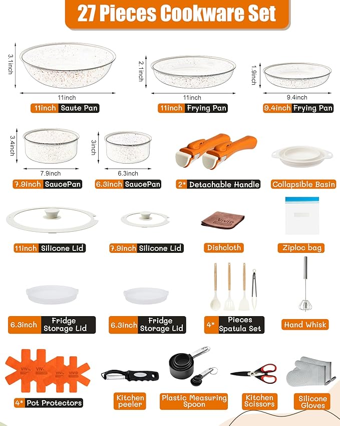 27Pcs Ceramic Cookware Set with Removable Handles – Induction/Oven Safe Pots and Pans Set Nonstick, Eco-Friendly Kitchen Essentials for Healthy Cooking, Blue