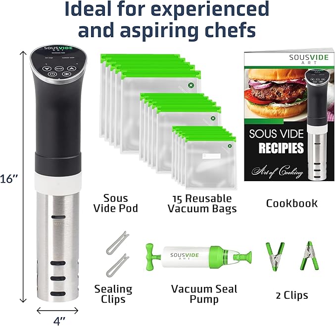 SOUSVIDE ART Sous Vide Cooker Kit - 1000W Immersion Circulator - 15 Vacuum Bags, Pump, Digital Timer and Temperature Control; Complete Sous Vide Machine Cooking Kit for Home Chefs and Beginners