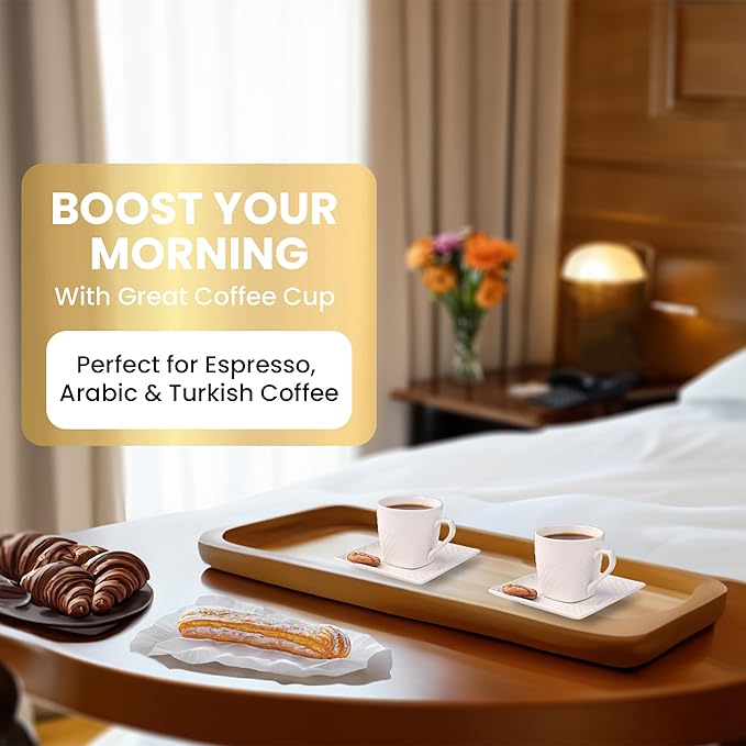 Turkish Coffee Cup Set of 6, Espresso Cups With Saucer 3 oz / 90 ml, Small, White, Modern with Embossed Pattern for Coffee, Expresso, Tazas de Cafe Bonitas Set Modernas, Elegantes