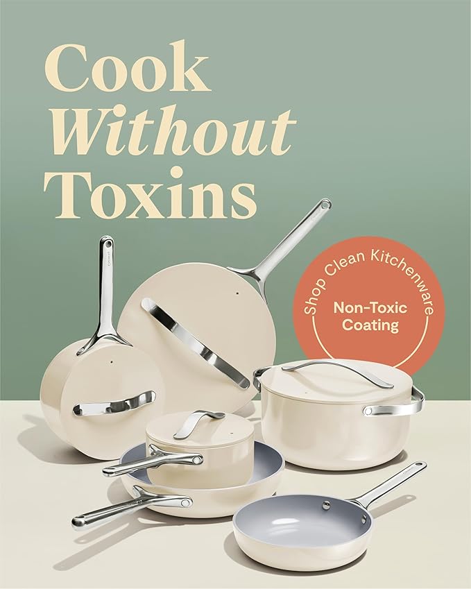 Caraway Deluxe Nonstick Ceramic Cookware Set (16 Piece) Pots, Frying Pans, Lids and Kitchen Storage - PFAS & PFOA Free - Oven Safe Ceramic Pan Set & Compatible with All Stovetops - Marigold