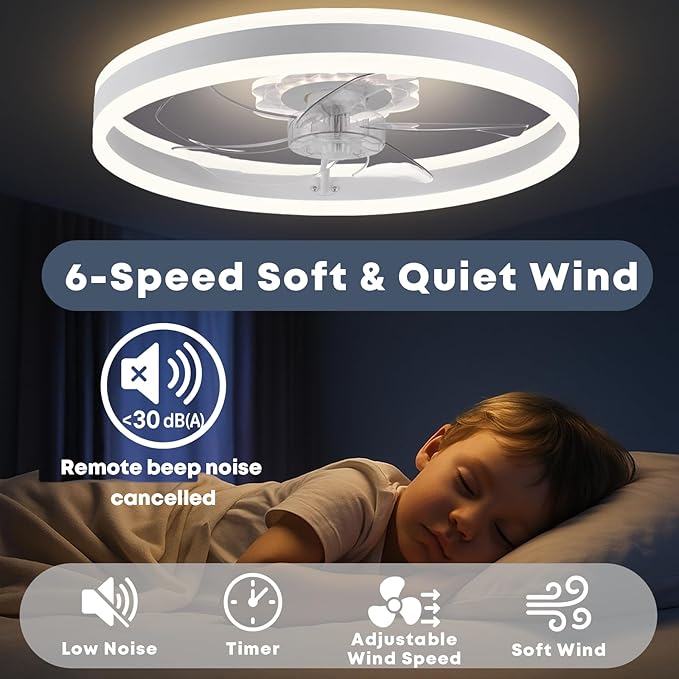 23.6'' Ceiling Fan with Light, Upgraded Low Profile Fan, Flush Mount Ceiling Fan, 6 Speeds, Dimmable LED, App & Remote Control, Quiet DC Motor, for Bedroom, Living Room, F105 White