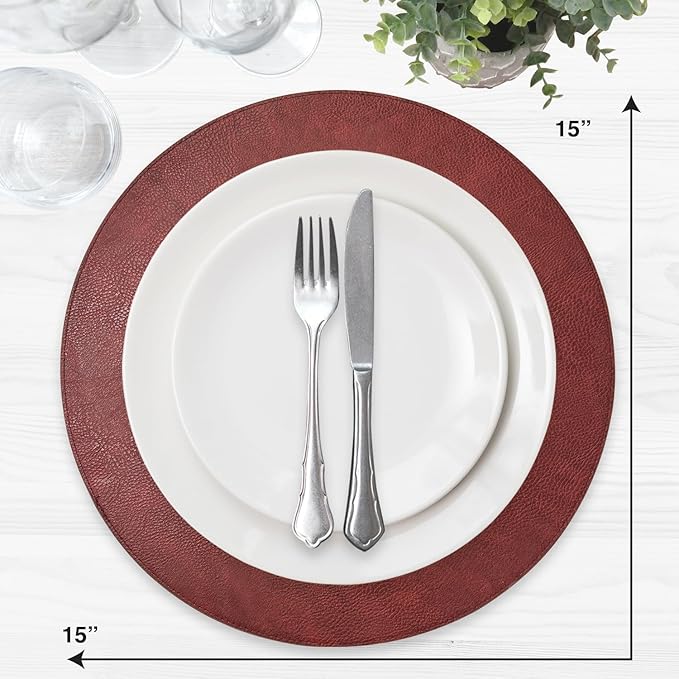 Placemats Set of 6 – Round 15” Faux Leather Table Mats for Dining, Heat Resistant & Non-Slip Washable Indoor, Outdoor, Dining Table Set for 6, Modern Kitchen & Holiday Use, Burgundy