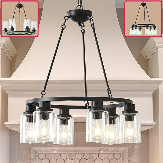 24“ Black Wagon Wheel Chandelier, 6-Light Farmhouse Glass Pendant Lights Kitchen Island Round Hanging Lighting fixtures Ceiling for Living Room, Dining Room, Kitchen Island, Entryway, Foyer