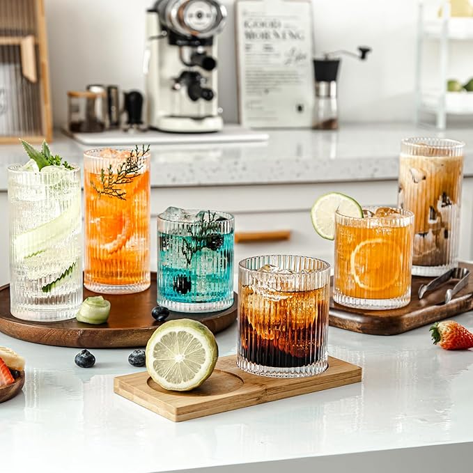 Set of 8 Ribbed Glassware, 4 Large Glasses 13 oz, 4 Rocks Glass Cups 10 oz