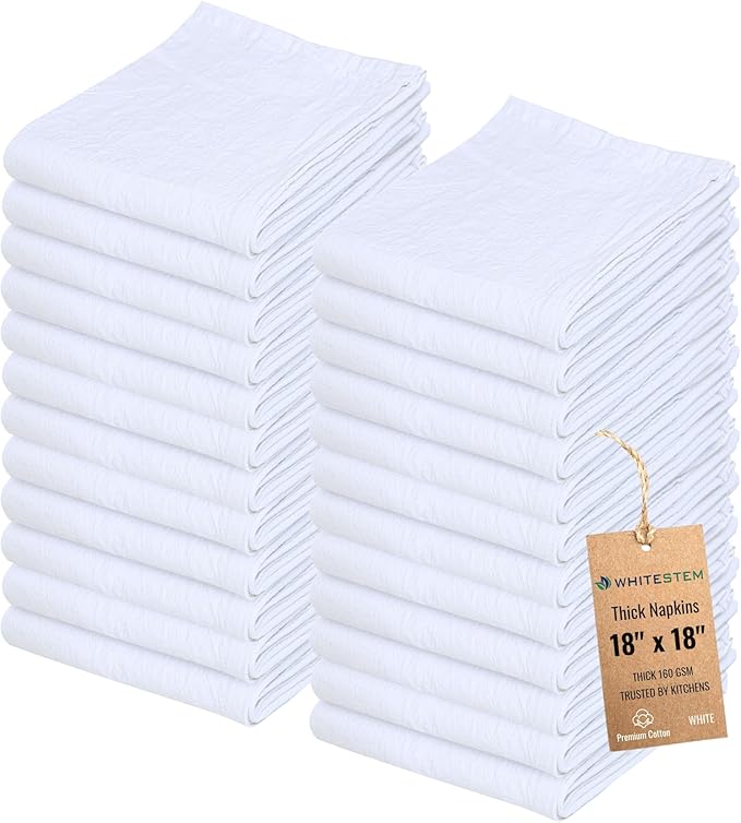 Flour Sack Towels 100% Cotton Dish Towel Reusable Baking Cloth for Bread Dough, Baguettes, Pastries, Machine Washable, Kitchen Towels for Cleaning – Set of 24 (18"x18") - White