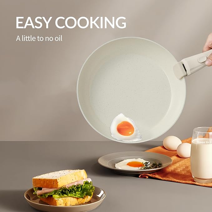 21PCS Nonstick Ceramic Pots and Pans, Ceramic Cookware with Detachable Handle, RV Kitchen Cookware Set, Cookware Set with Removable Handles, Oven Safe, Stackable Storage