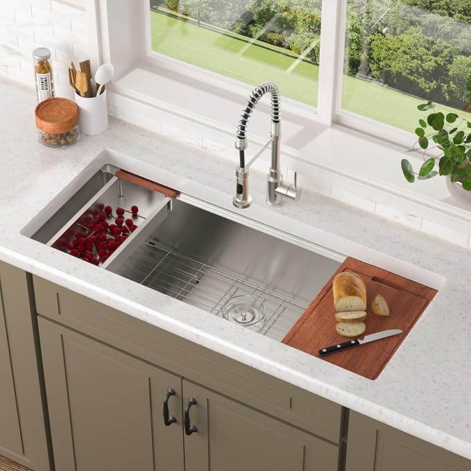 Lordear 45 Inch Undermount Kitchen Sink Ledge Workstation 16 Gauge Stainless Steel Single Bowl Under Counter Kitchen Sink with Built-in Accessories 45''x19''x10''