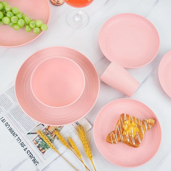 Supernal Pink Wheat Straw Dinnerware Sets,Unbreakable Dishes for 8, Plate and Bowls Sets, Reusable Plates, Microwave Dishwasher Safe Plates,Plastic Dinnerware Set, Pink Plastic Tableware