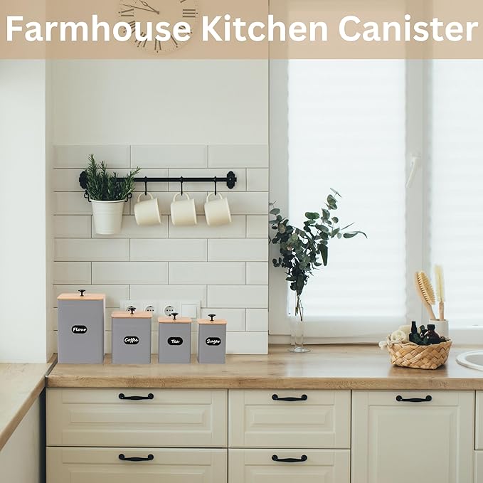 PERFNIQUE Kitchen Canisters, Airtight Canister Sets for Kitchen Counter, Kitchen Canisters for Countertop Set of 4, Coffee Tea Sugar Flour Spice Tin Jars Food Storage Container with Lid(Grey)