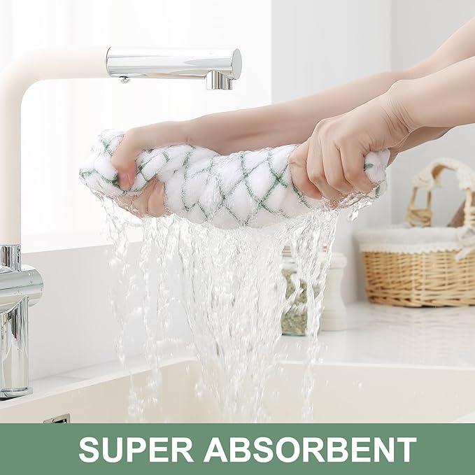 Homaxy Premium Cotton Kitchen Towels 16"x 28", Large Natural Ring Spun 390 GSM Dish Towels, Super Absorbent Terry Kitchen Hand Towels, Soft Tea Towel with Hanging Loop, Grass Green Check, 6 Pack