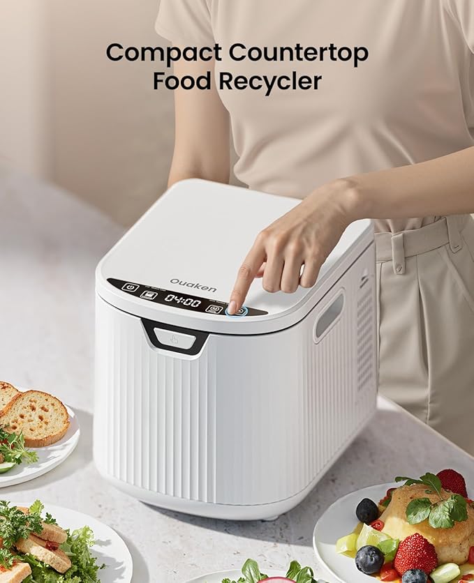 Electric Composter for Kitchen,Ouaken 3L Indoor Kitchen Waste Compost Machine Countertop Smart Composting Bin,Compact Food Recycler for Home with Low Noise,Odorless,Auto-Clean,LED Display
