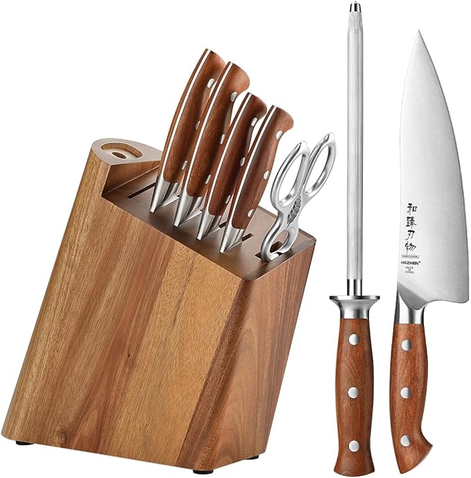 HEZHEN 8 PCS Kitchen Knife Block Set, German DIN 1.4116 Steel Knife Set with Block and Sharpener,Kitchen Shear, Ultra Sharp Blade,Red Wood Handle, Gift Packing